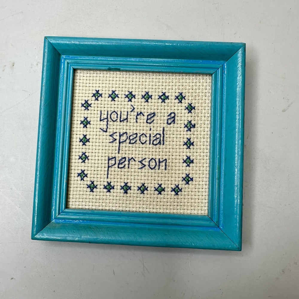 Vintage Handmade Cross Stitch You're a Special Person Framed Wall Art Turquoise